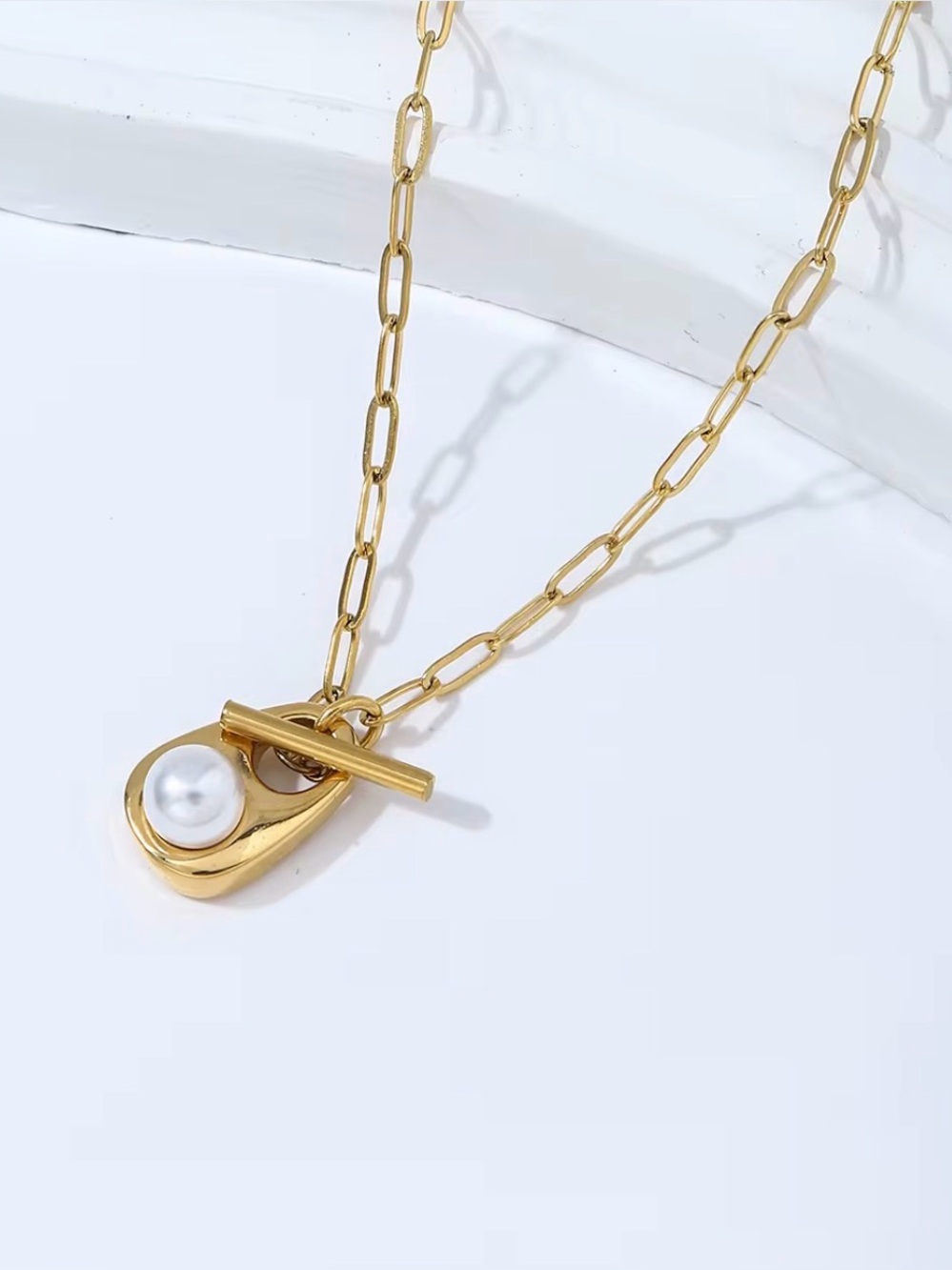Gold Pearl Toggle Pendant Mini Paperclip Necklace